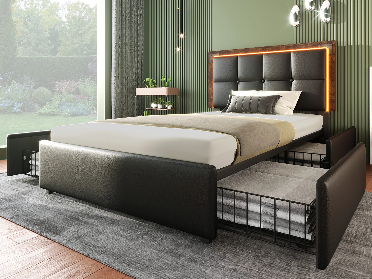 Volwassen bed 140x200cm met uitschuifbed en 2 lades, inclusief LED, in